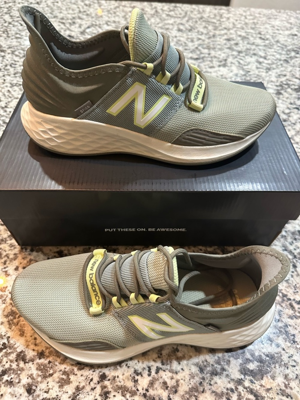 New Balance Women’s Olive Green Sneakers with Yellow Accents